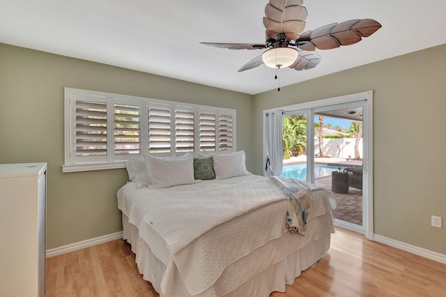 bedroom with ceiling fan, light wood-type flooring, and access to exterior