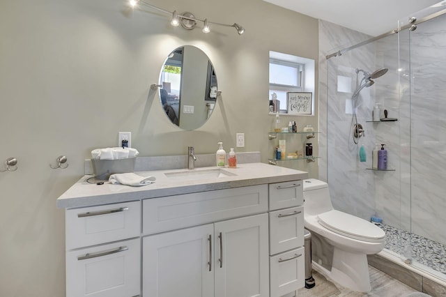 bathroom featuring a shower with door, plenty of natural light, vanity, and toilet