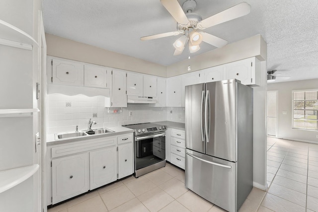 kitchen with white cabinets, sink, ceiling fan, tasteful backsplash, and stainless steel appliances