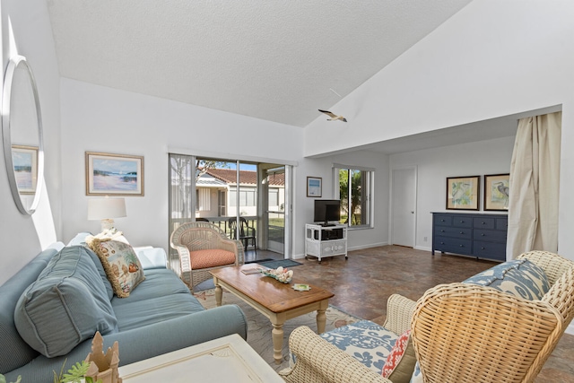 living room with high vaulted ceiling