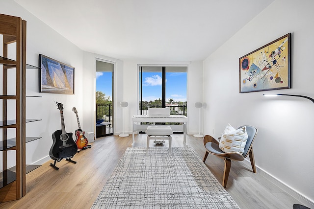 sitting room featuring light hardwood / wood-style flooring and expansive windows