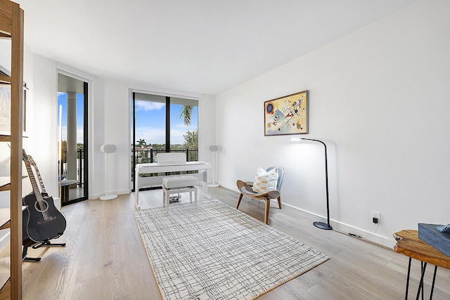 living area featuring light wood-type flooring and expansive windows