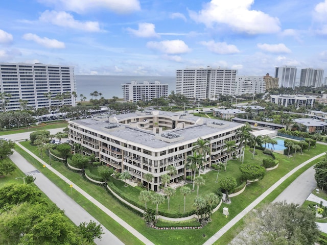 bird's eye view with a water view