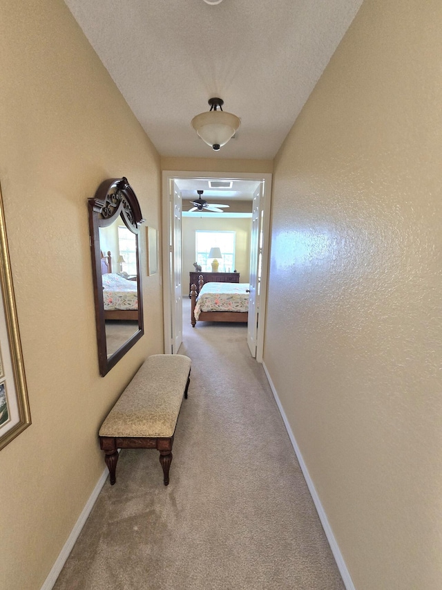 hall featuring carpet flooring and a textured ceiling