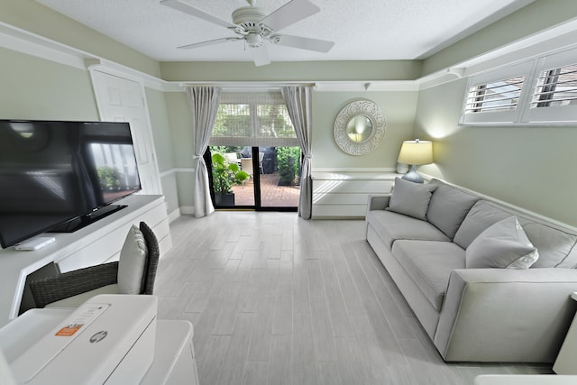 living room featuring ceiling fan, a textured ceiling, and light wood-type flooring