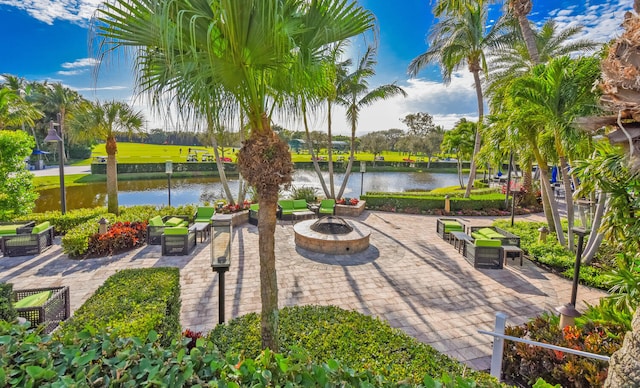 view of patio with a water view