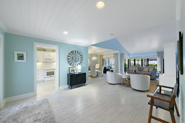 living room featuring light hardwood / wood-style floors and lofted ceiling