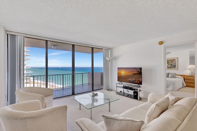 living room featuring expansive windows, light colored carpet, and a textured ceiling