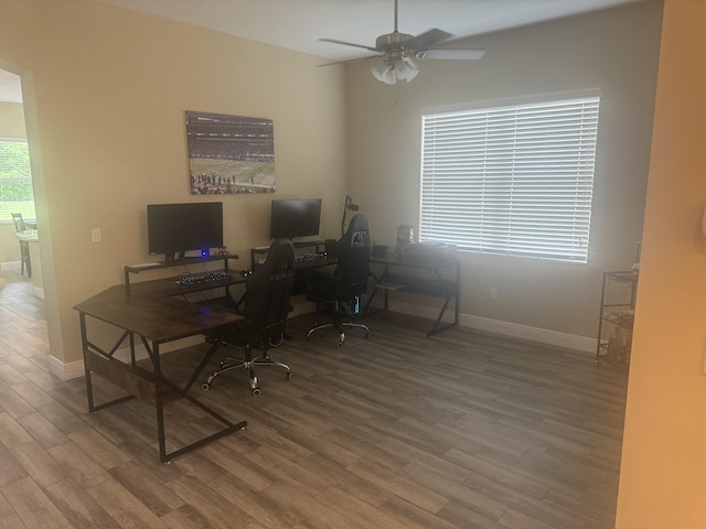 office space with hardwood / wood-style flooring and ceiling fan