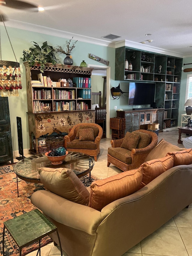 tiled living room with ornamental molding