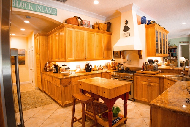 12858 153rd Ct N, Jupiter, FL 33478 - kitchen with crown molding, high end stove, a sink, and light tile patterned floors