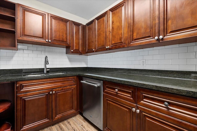 kitchen with sink, dishwasher, backsplash, and light hardwood / wood-style floors