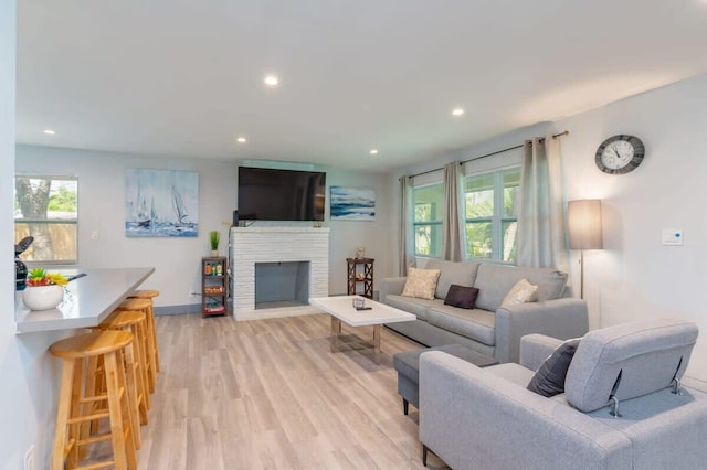 living room with a fireplace and light hardwood / wood-style floors