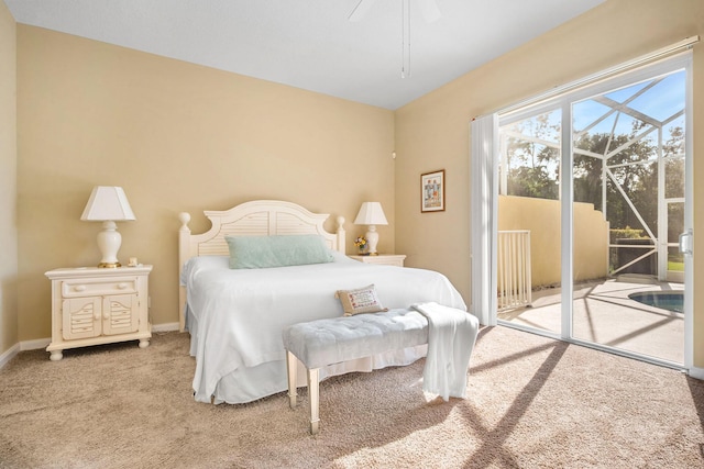 bedroom with carpet flooring, ceiling fan, and access to exterior