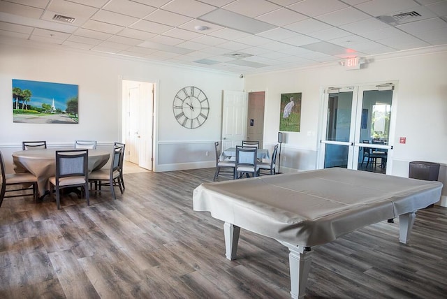 rec room with hardwood / wood-style floors, a drop ceiling, french doors, and billiards