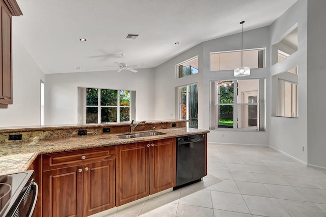 kitchen featuring light stone counters, visible vents, a sink, range with electric cooktop, and dishwasher