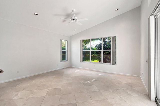 empty room featuring light tile patterned floors, ceiling fan, baseboards, and recessed lighting