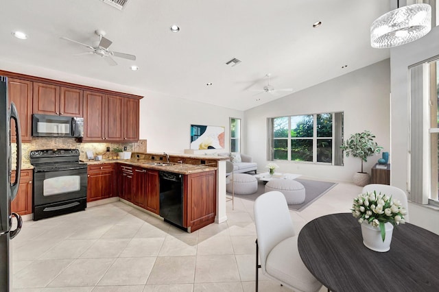 kitchen with open floor plan, light tile patterned flooring, a sink, a peninsula, and black appliances