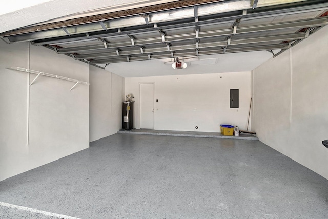 garage with electric panel, water heater, and a garage door opener