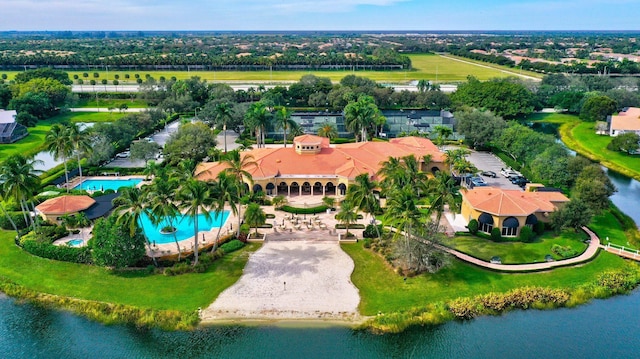 drone / aerial view with a water view