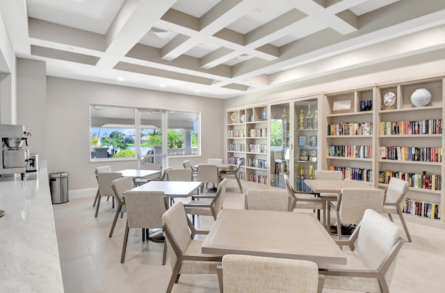 dining area featuring light tile patterned flooring, coffered ceiling, visible vents, baseboards, and beam ceiling