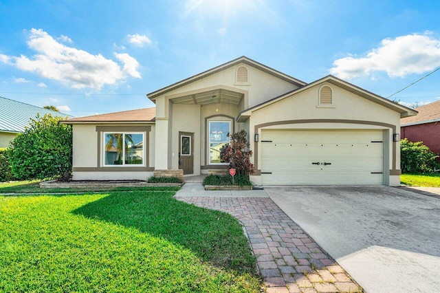 single story home featuring a front yard and a garage