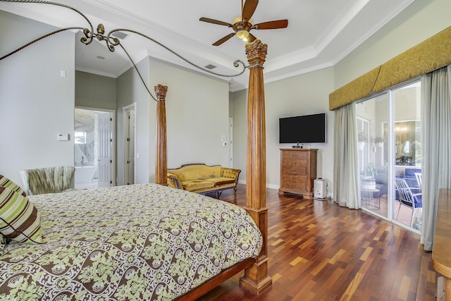 bedroom with access to exterior, ceiling fan, ensuite bathroom, crown molding, and wood-type flooring