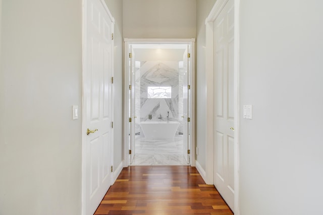 hallway with dark hardwood / wood-style floors