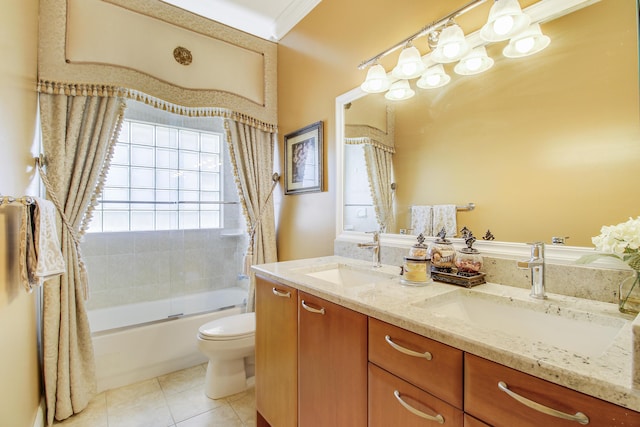 full bathroom featuring tile patterned floors, vanity, toilet, and shower / bath combination with glass door