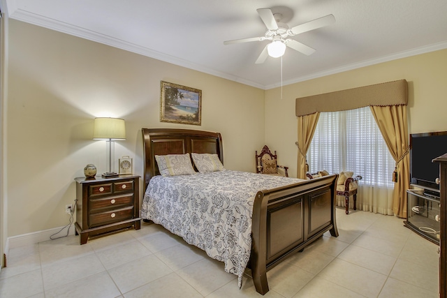 bedroom featuring ceiling fan, light tile patterned floors, and ornamental molding