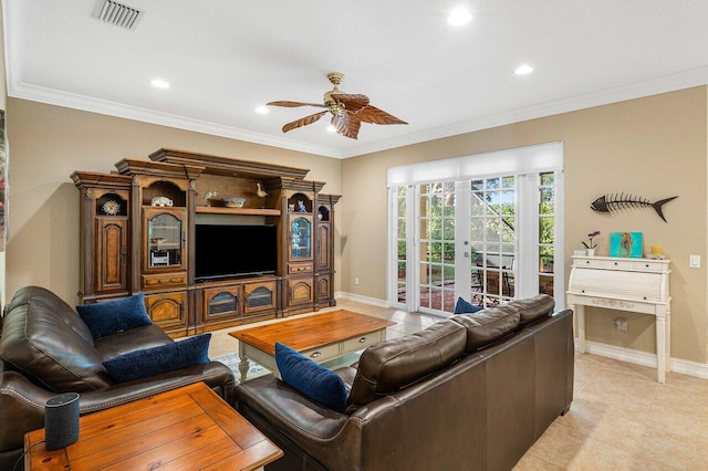 living room with french doors, ceiling fan, and ornamental molding