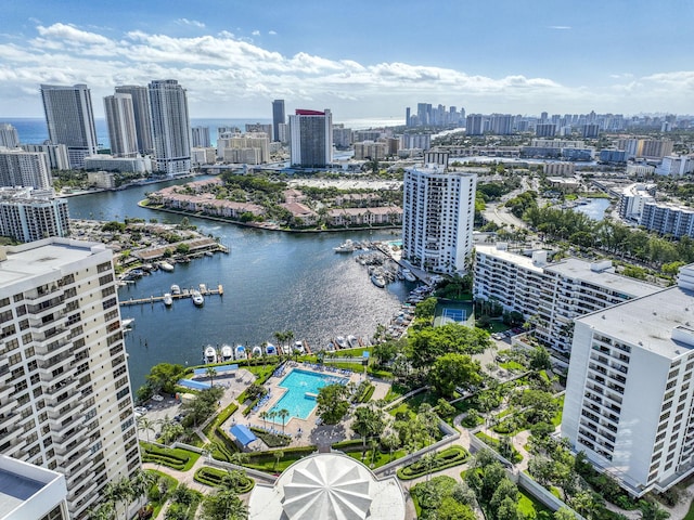 drone / aerial view with a water view