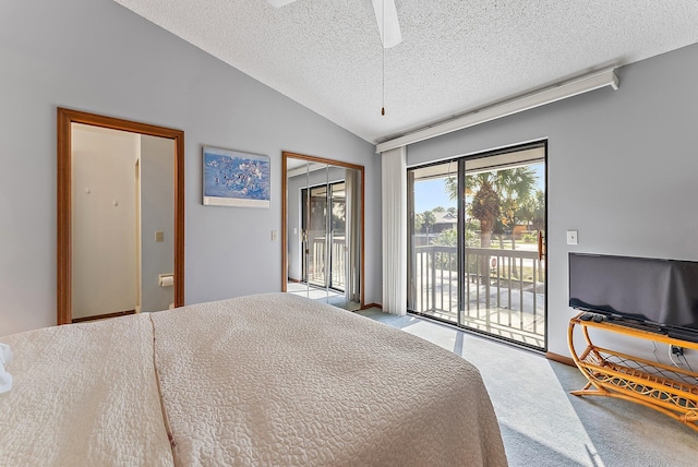 carpeted bedroom featuring lofted ceiling, a textured ceiling, a ceiling fan, and access to exterior