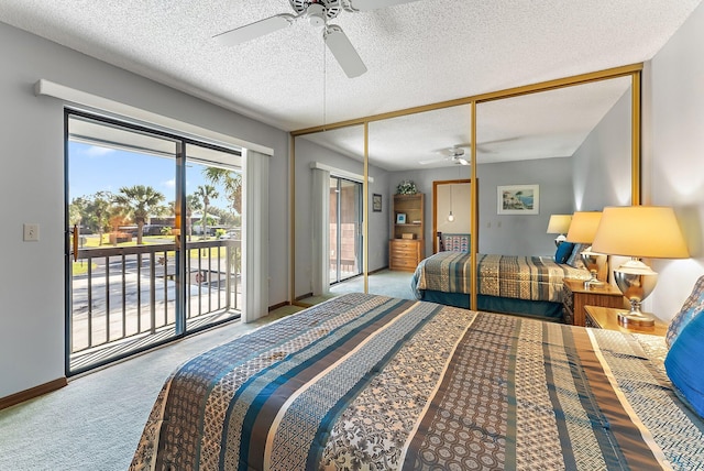 bedroom featuring carpet floors, access to exterior, a ceiling fan, a textured ceiling, and baseboards