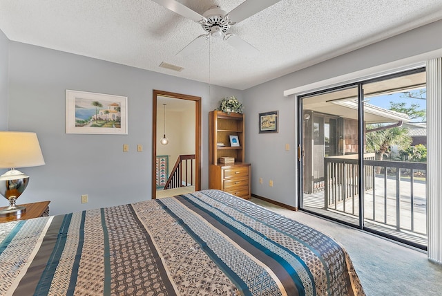 bedroom featuring carpet floors, access to exterior, multiple windows, and visible vents