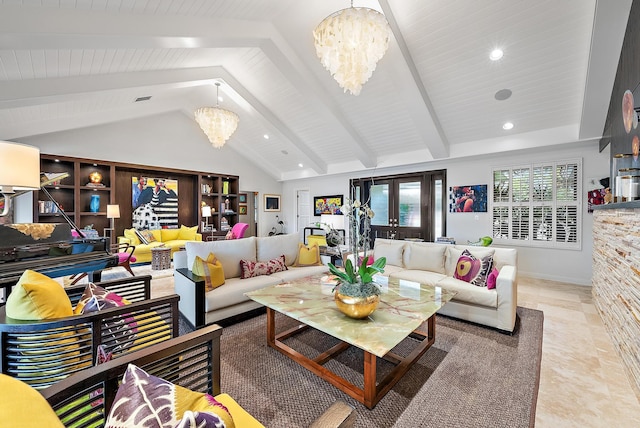 living room featuring an inviting chandelier, french doors, and lofted ceiling with beams