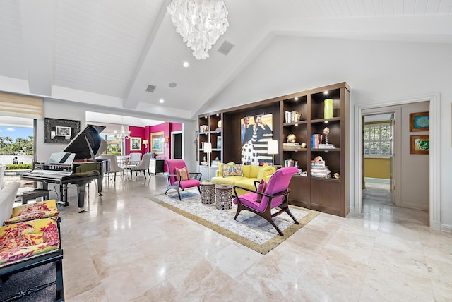 sitting room featuring high vaulted ceiling, visible vents, baseboards, beamed ceiling, and an inviting chandelier