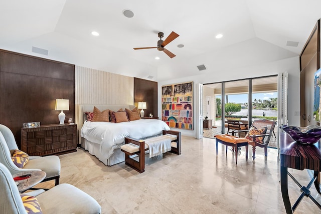 bedroom featuring ceiling fan, access to exterior, and vaulted ceiling