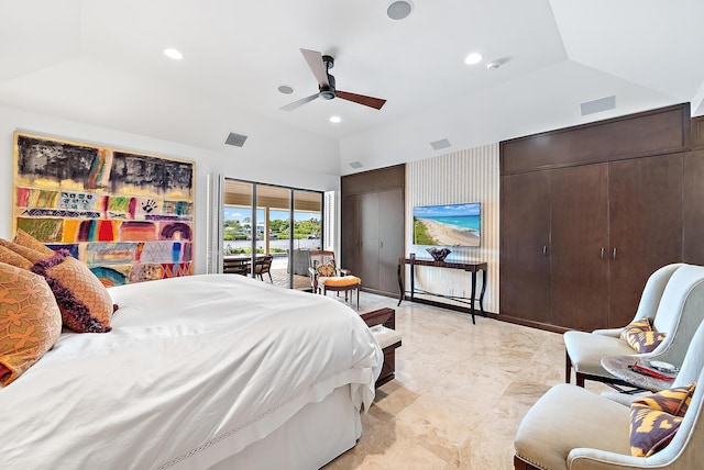 bedroom with ceiling fan, lofted ceiling, and access to outside