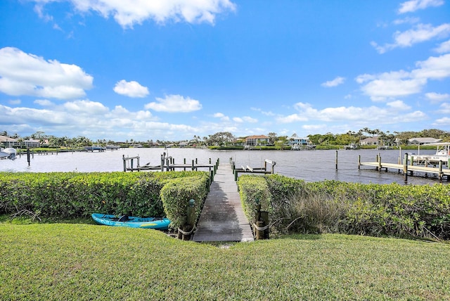 view of dock with a water view and a yard