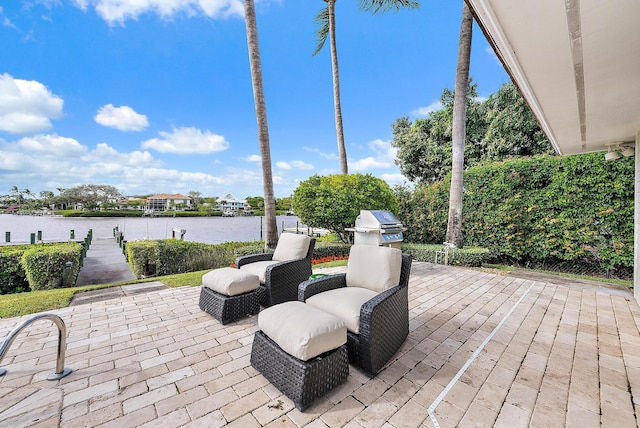 view of patio / terrace featuring a water view