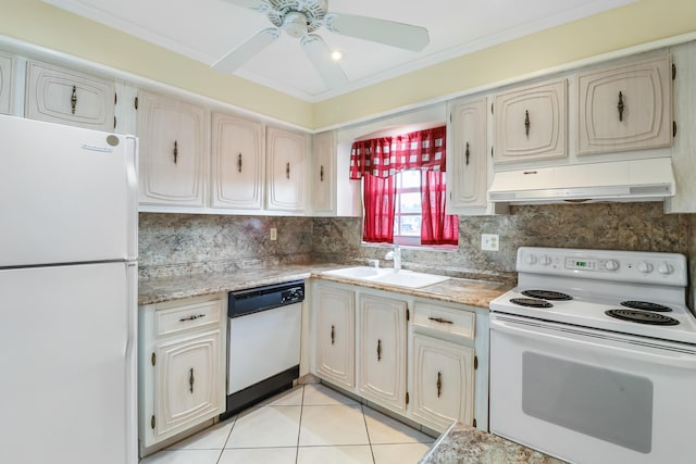 kitchen featuring tasteful backsplash, ornamental molding, white appliances, sink, and light tile patterned floors