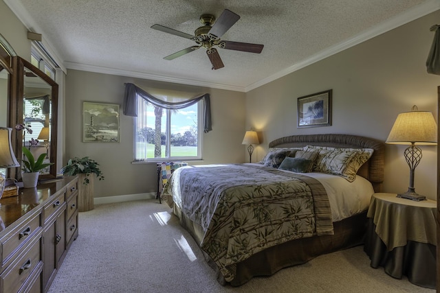 bedroom with light carpet, a textured ceiling, ceiling fan, and ornamental molding