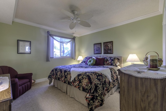 carpeted bedroom featuring ceiling fan, crown molding, and a textured ceiling