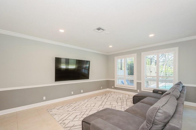 tiled living room featuring crown molding