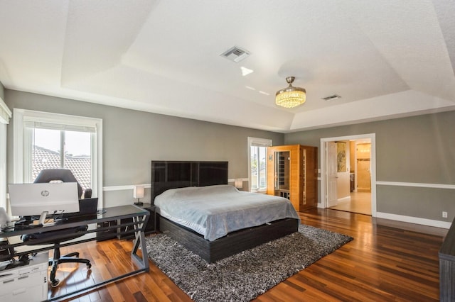 bedroom with a raised ceiling, multiple windows, and dark wood-type flooring