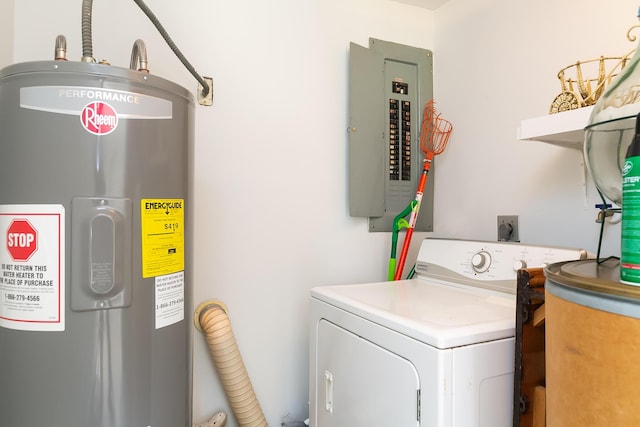 laundry room with electric panel, washer / clothes dryer, and water heater