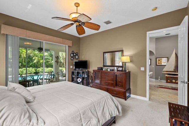 bedroom with light carpet, access to outside, and ceiling fan