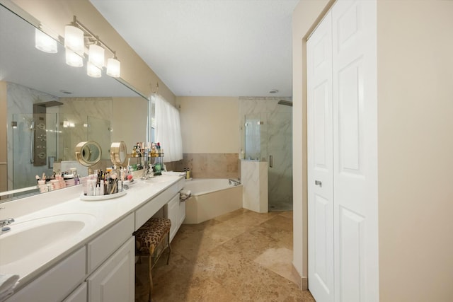 bathroom featuring plus walk in shower and vanity