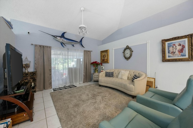 tiled living room featuring vaulted ceiling